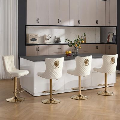 Orirsnug Velvet Bar Stools Set of 4, Height Adjustable, Gold and White