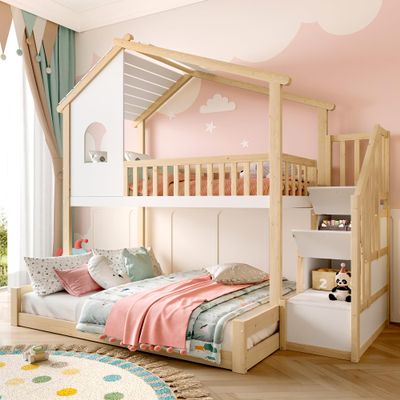 House Bunk Bed with Storage Stairs, 90/140 x 200 cm, Pine, Natural/White