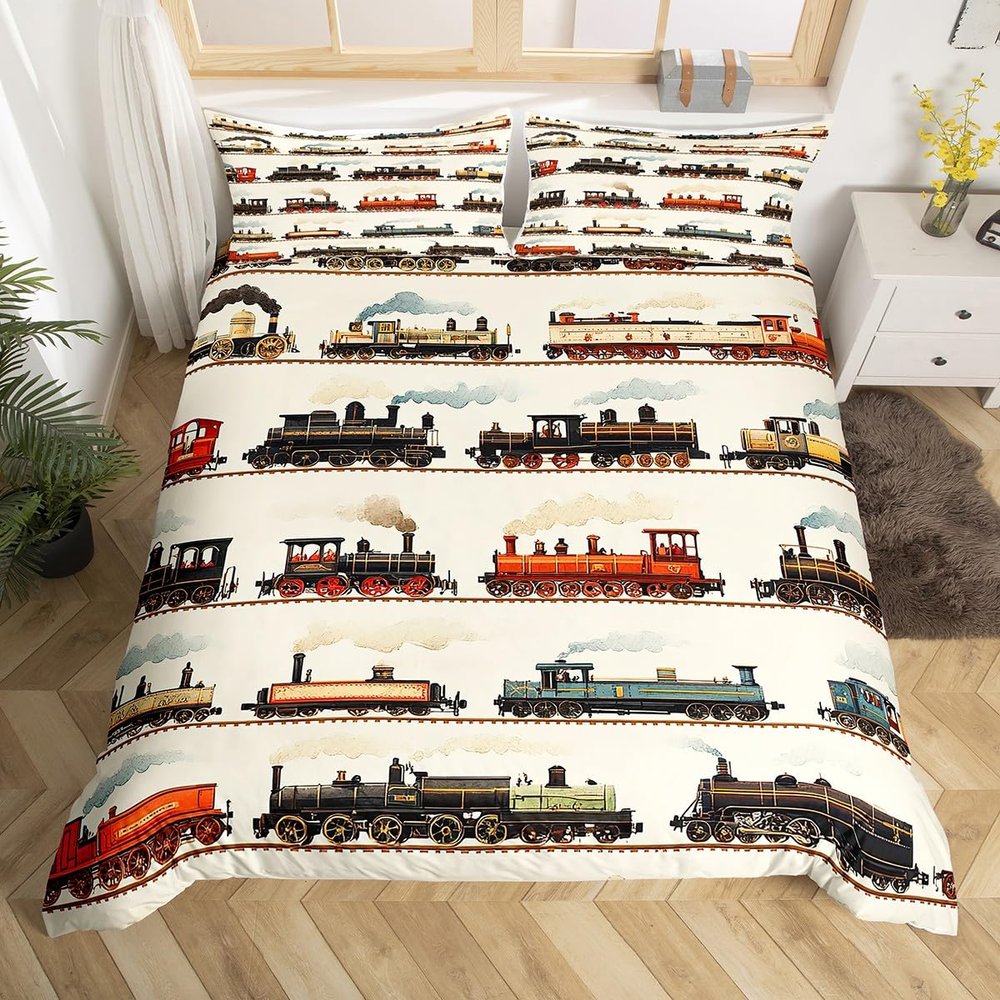 Homemissing Kids' Vintage Train Bedding Set, 220 x 240 cm