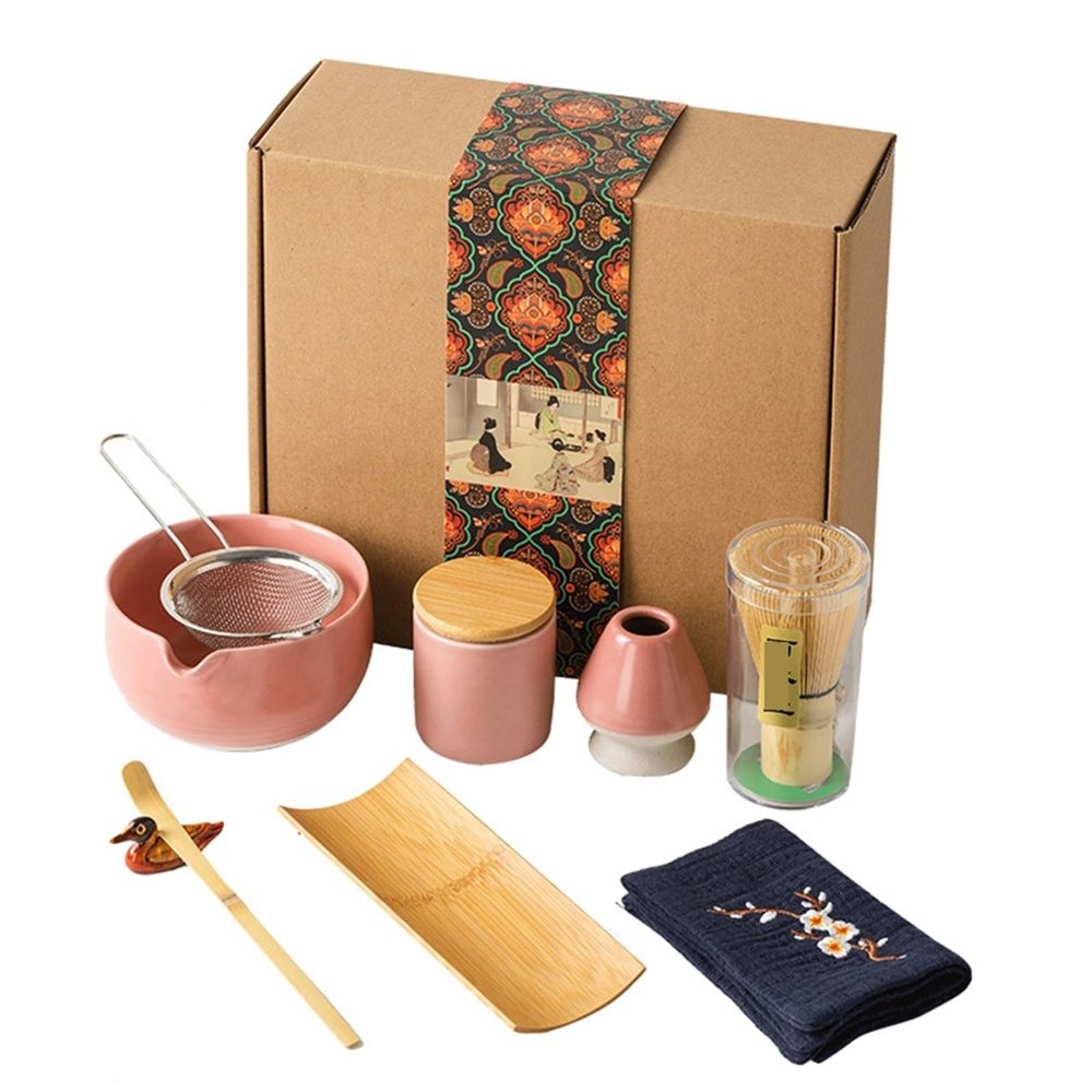 QAUUCP 9/10-Piece Matcha Tea Set with Ceramic Bowl, Whisk, Spoon, Holder and Sieve, Pink