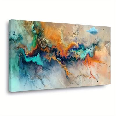 WUDUM Framed Canvas Wall Art, Abstract Orange and Turquoise Painting, 30 x 40 cm (12 x 16 in.)