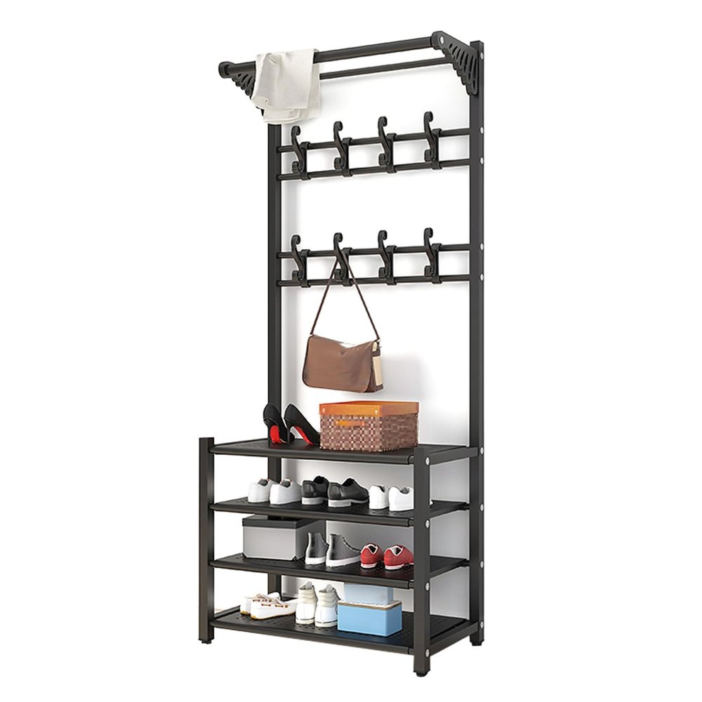 3-in-1 Hall Tree Bench with 4-Tier Shoe Rack and Hooks, White, 78 cm