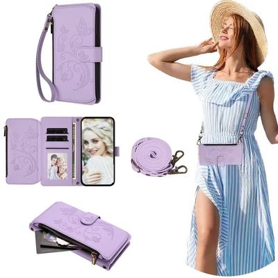 SEHEYA Case for Sony Xperia 5 IV, Embossed PU Leather Wallet Case with Shoulder Strap, Light Purple