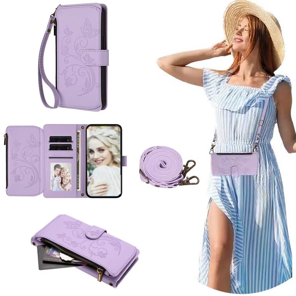 SEHEYA Case for Sony Xperia 5 IV, Embossed PU Leather Wallet Case with Shoulder Strap, Light Purple