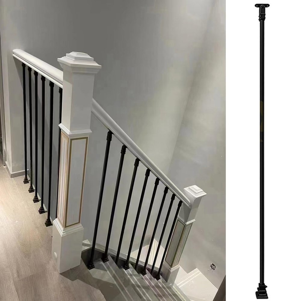 1-Piece Modern Metal Stair Railing Set with Wooden Handrail and Stair Posts, 95 cm/37.4 in Baluster Height