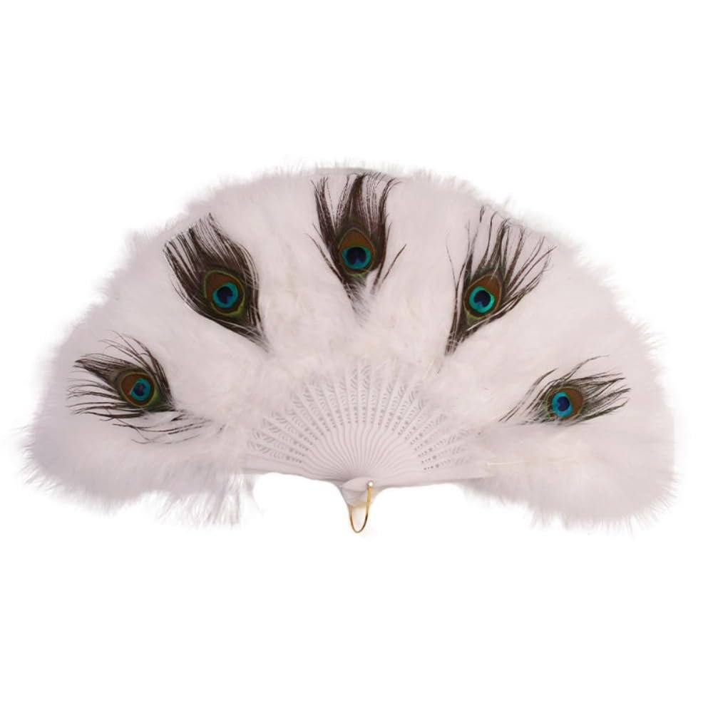 Handmade Foldable Peacock Feather Fan, White