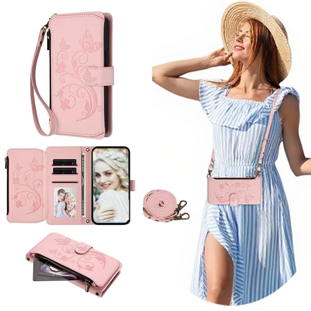 SEHEYA Case for Xiaomi 10T / 10T Pro, Embossed PU Leather Wallet Cover with Strap, Pink