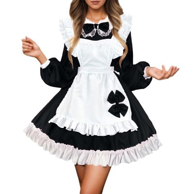 Dirndl Cosplay Costume, 2025 Style, Elegant Gothic Outfit, Dark Dress, Cute Long-Sleeve Costume for Performances (Black, M)
