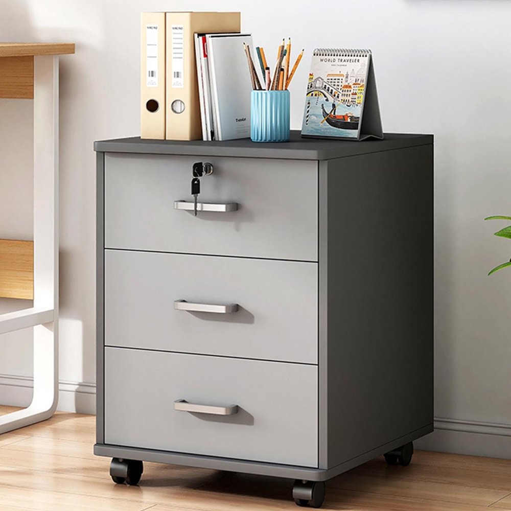 Gray Mobile Storage Cabinet with Lock and Drawer