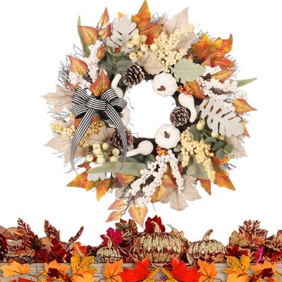 Festive Autumn Wreath with Maple Leaves and Pumpkin Décor