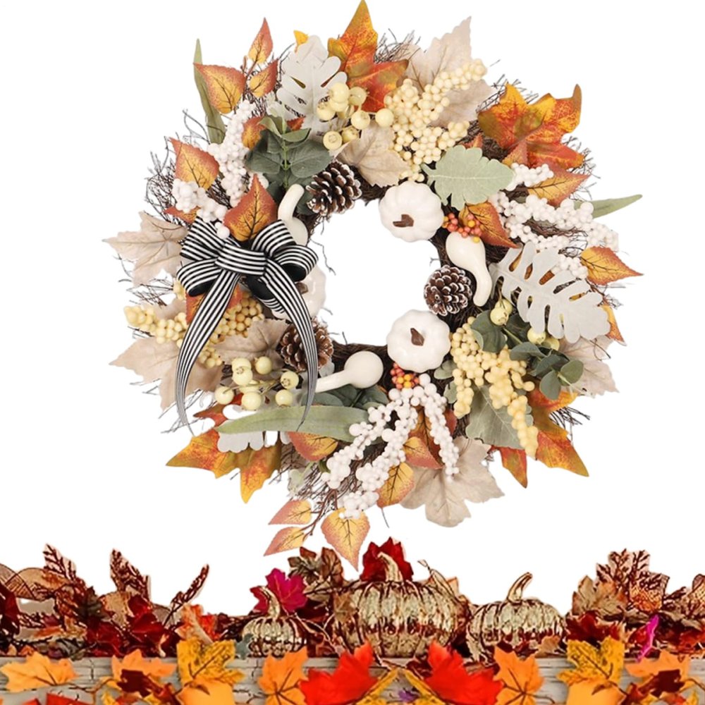 Festive Autumn Wreath with Maple Leaves and Pumpkin Décor