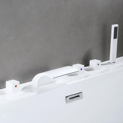 XJTNLB 5-Hole White Waterfall Bathtub Faucet with Pull-Out Hand Shower