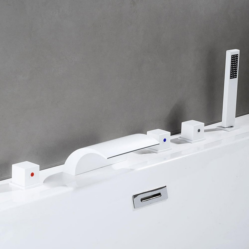 XJTNLB 5-Hole White Waterfall Bathtub Faucet with Pull-Out Hand Shower