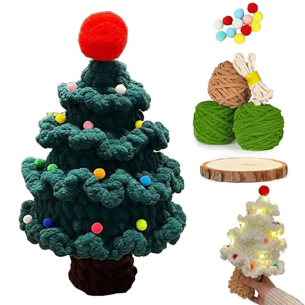 CHENRI DIY Crochet Christmas Tree Kit with LED Light and Wooden Base