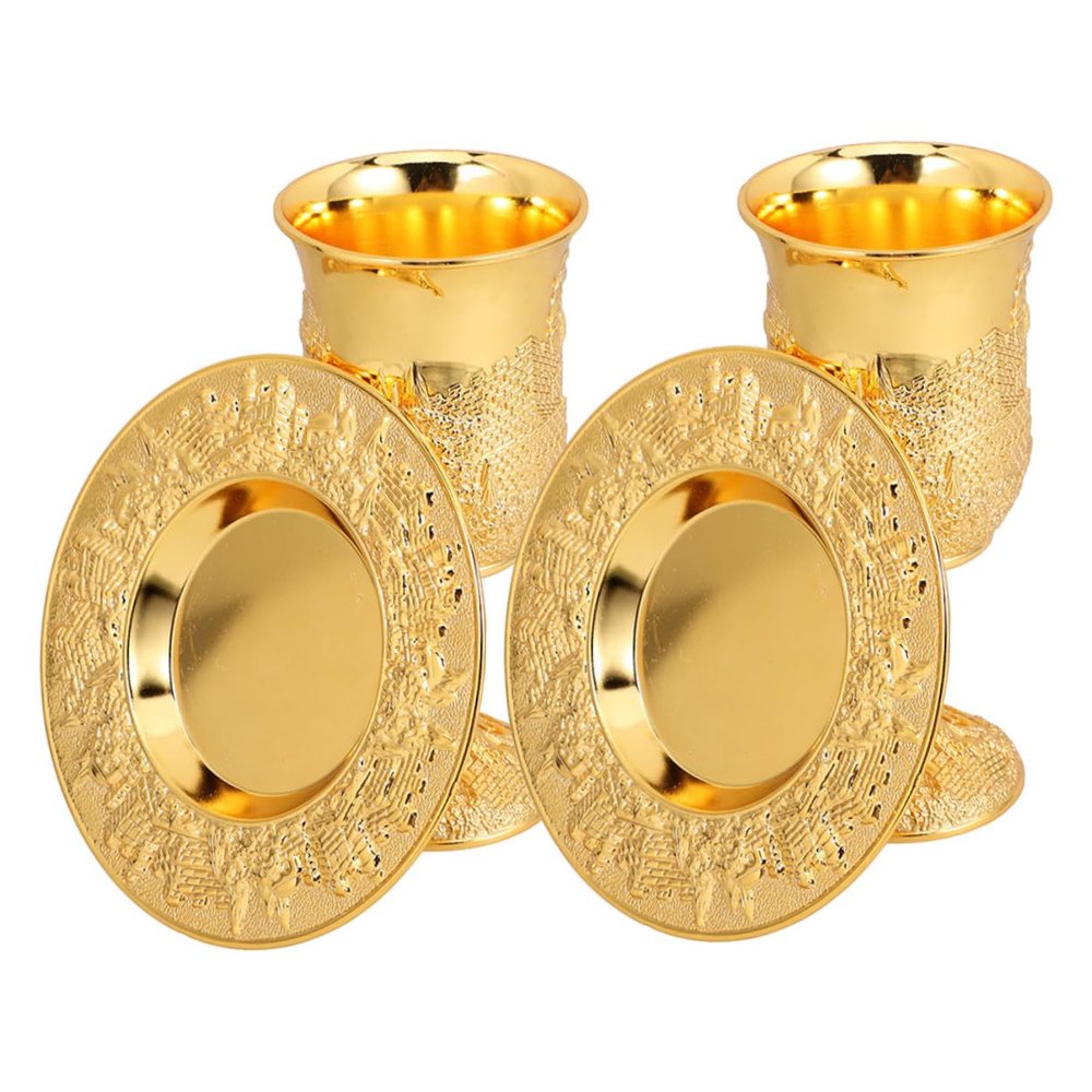 VALICLUD Judaica Chalices with Tray, Set of 2, Gold Zinc Alloy