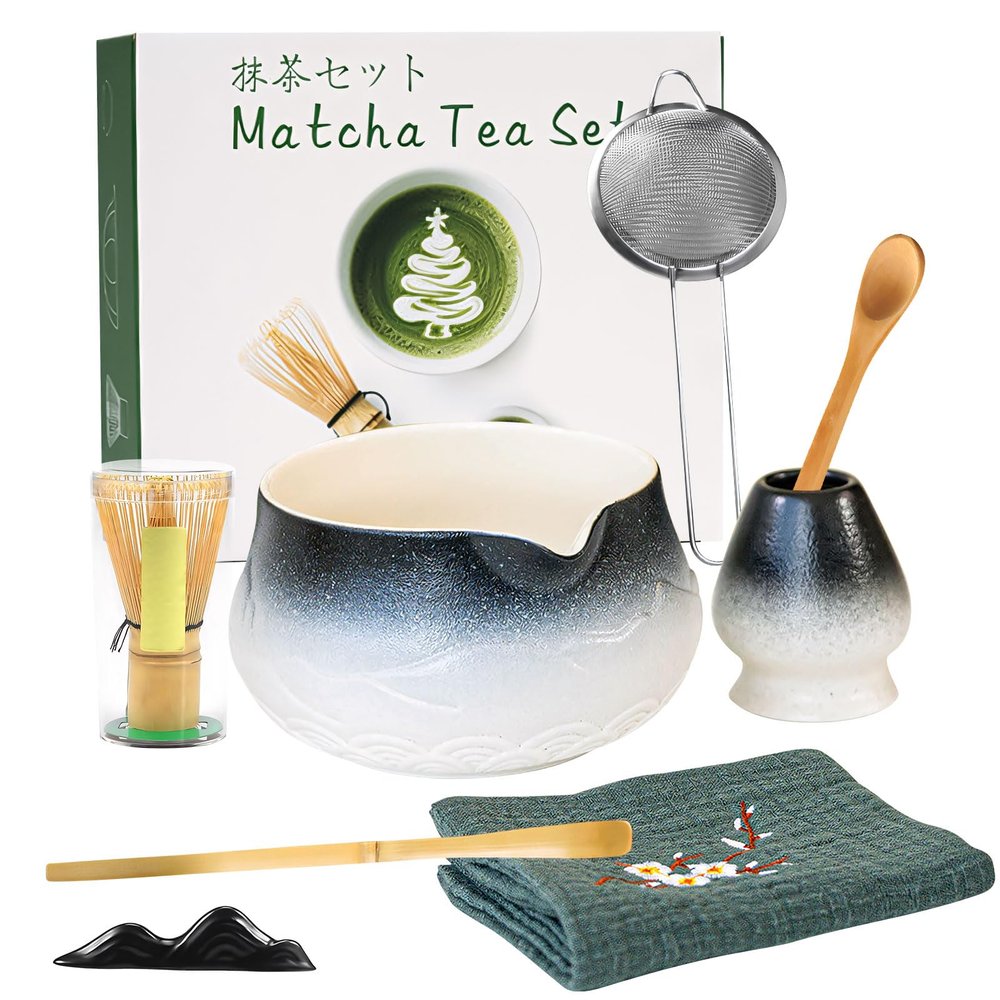 8-Piece Matcha Set with Bowl, Spoon, Whisk, Whisk Holder, Sieve, and Dishcloth, Gift for Matcha Lovers (Black)