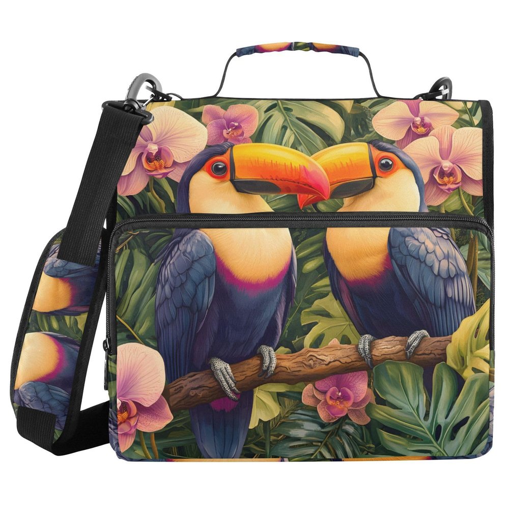 3-Ring Zipper Binder, Phalaenopsis Toucan Tropical Flower, 1.5-Inch Organizer with Shoulder Strap, Fits 33-Inch Laptops and 500 Sheets
