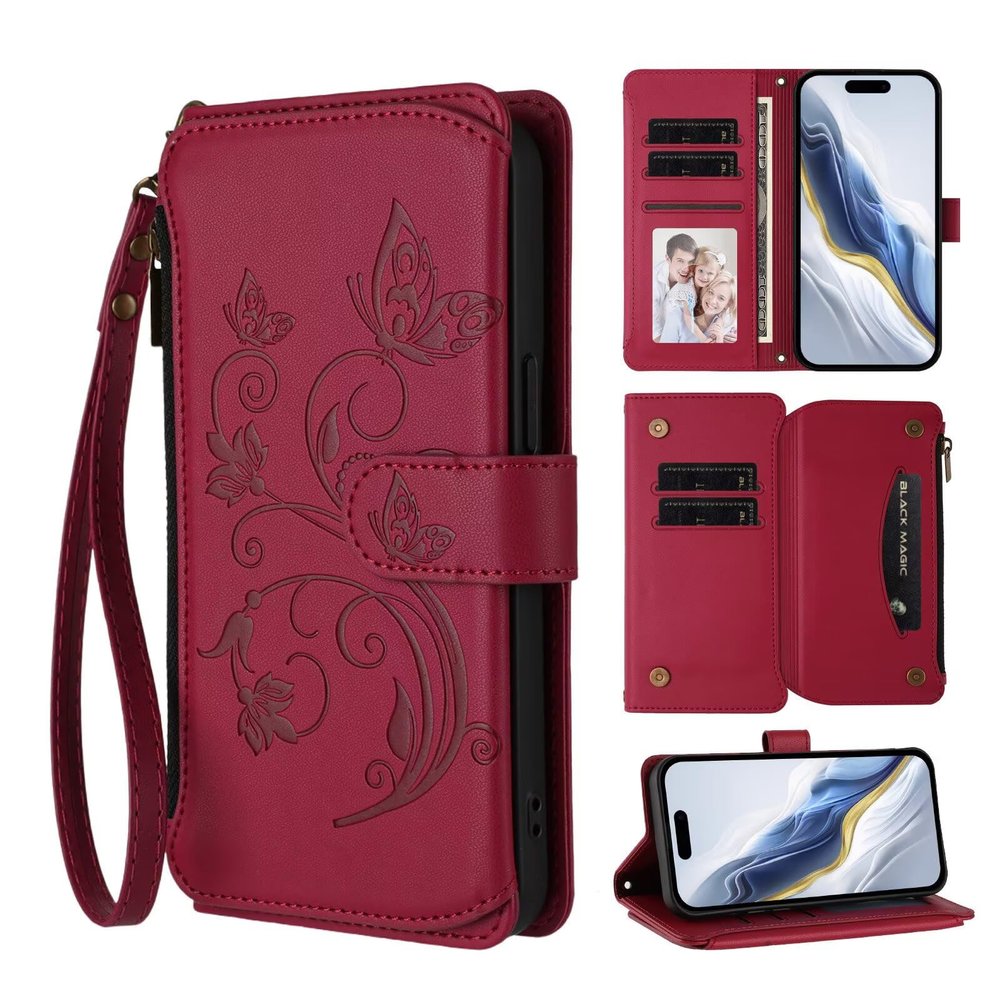 Leather Case for Xiaomi Redmi Note 14 4G, Embossed Butterfly Flip Cover with Zipper, Card Slots and Stand, Red