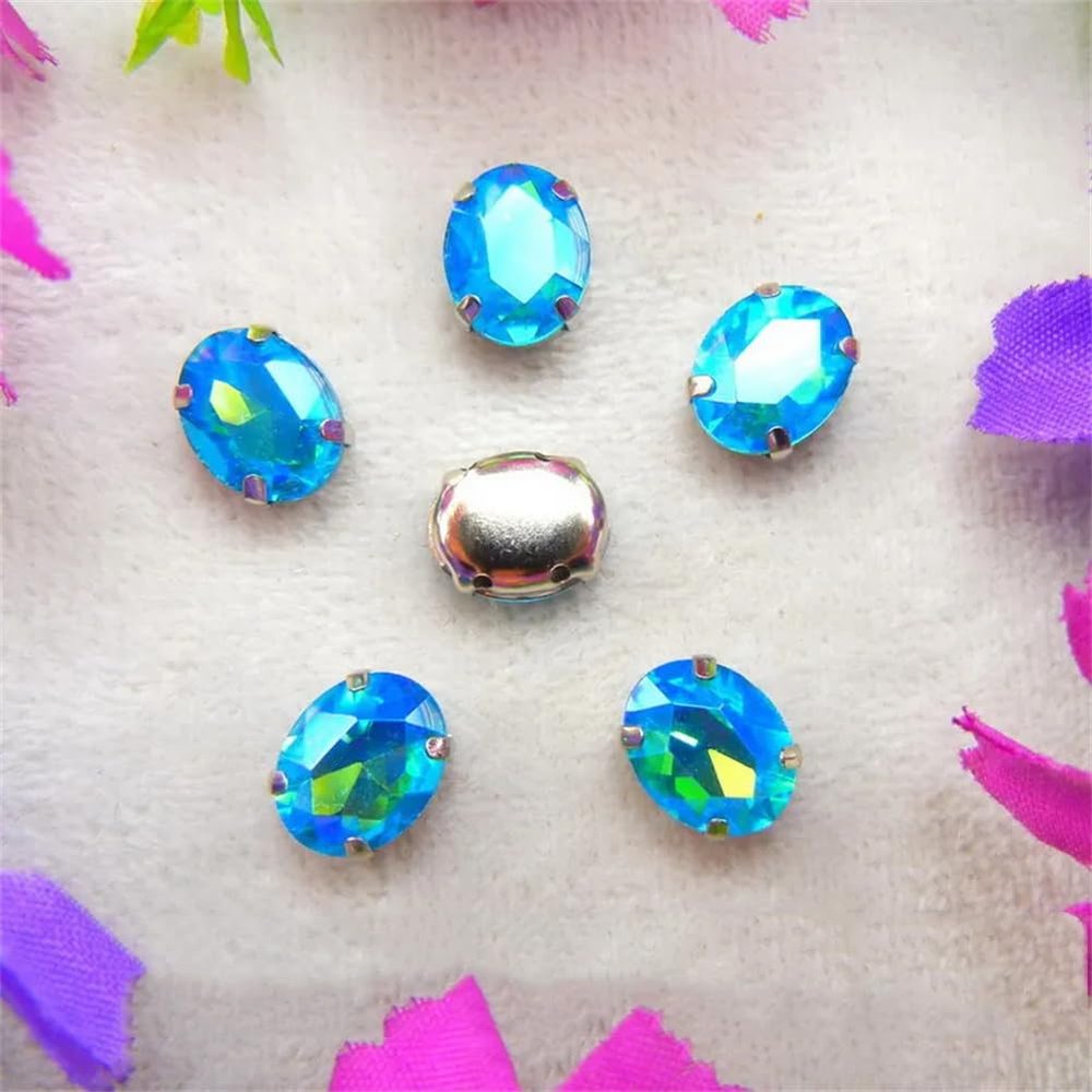 LuminaCreek Sew-On Glass Rhinestones, Silver, 7 Sizes, Mixed Colors, Oval, 6x8 mm, 50 pcs, A27 Aquamarine AB