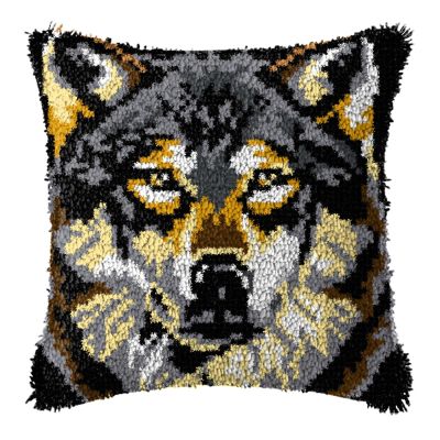DIY Latch Hook Pillow Kit, Gray Wolf Design, 43 x 43 cm