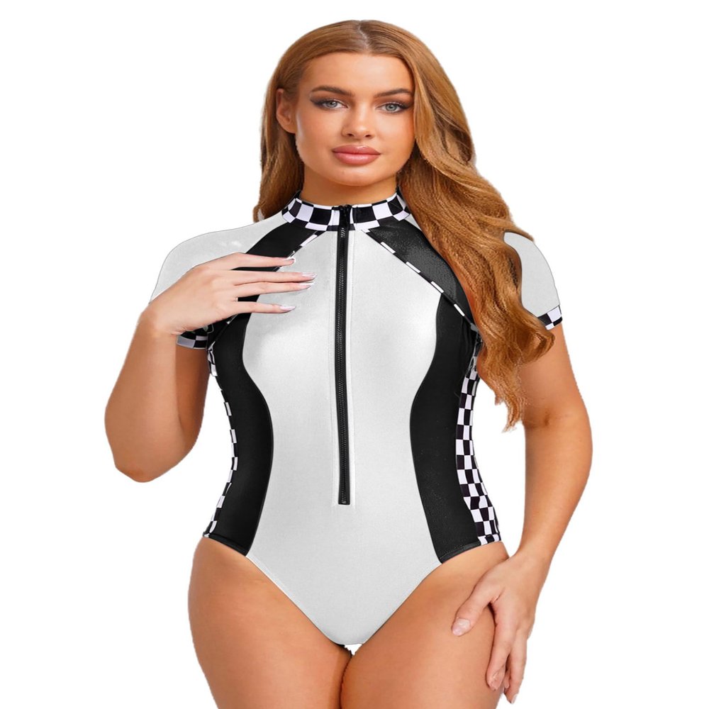 Mufeng Women's Race Driver Costume, Checkered Racer Girl Bodysuit, Black and White, L