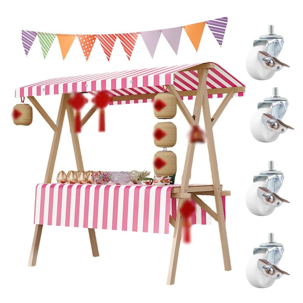 Generic Sales Cart, Foldable Wooden Street Food Cart with Awning and 3 m Decorative Flag, Mobile Market Stand for Events and Festivals, Pink Flower Stand (150 x 60
