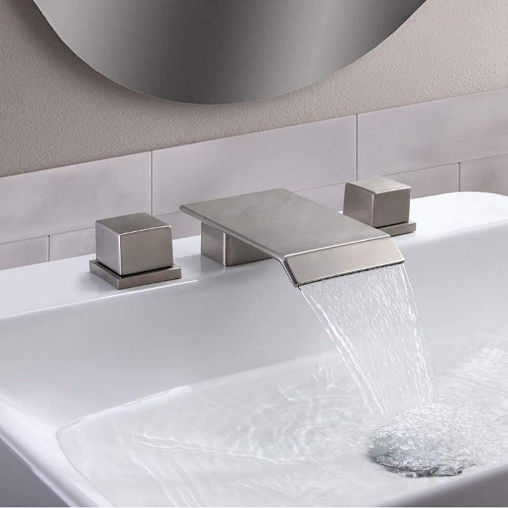 QYYZTQY Brushed Square Waterfall Bathroom Basin Faucet with Double Handles and Flat Spout, 3-Hole Installation