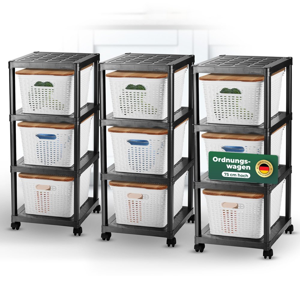 Novaliv 3x 4-Tier Rolling Cart with 9x Rattan Baskets & Wooden Lid