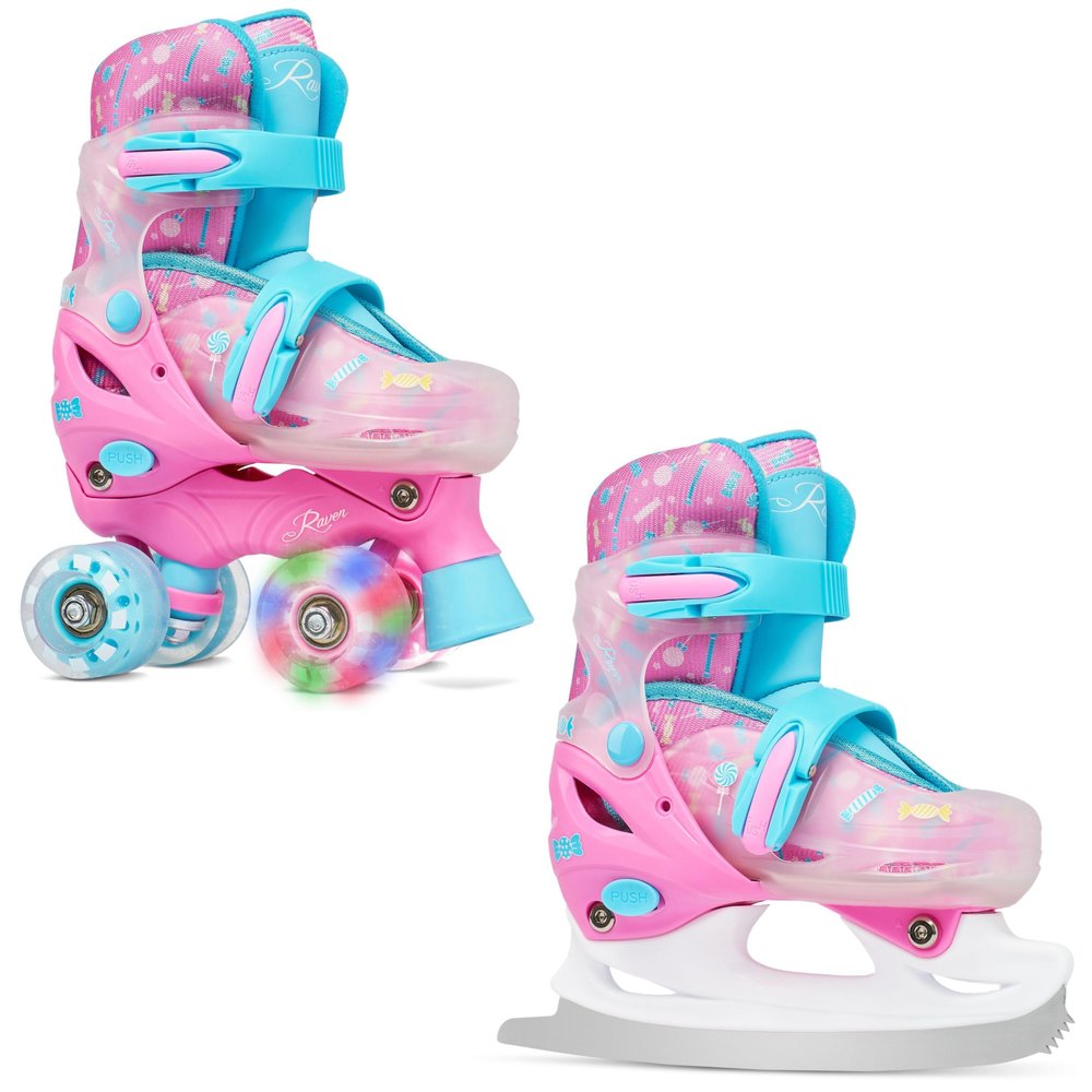 RAVEN Girls' Roller Skates, Optional 2-in-1 with Ice Skates, Adjustable, Caramel with Blades, Size 27–30 (16.5–18.5 cm)