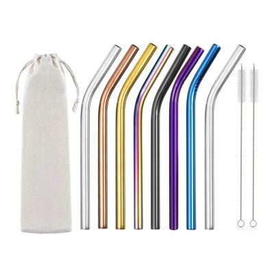 8-Pack 12 mm Stainless Steel Reusable Straws, Bent Mixed