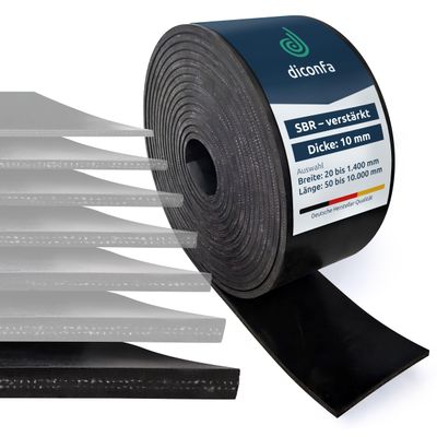 diconfa Rubber Mat with Fabric Reinforcement, 10 mm Thick, 20–1,400 mm Wide, 0.05–10 m Long, SBR Solid Rubber