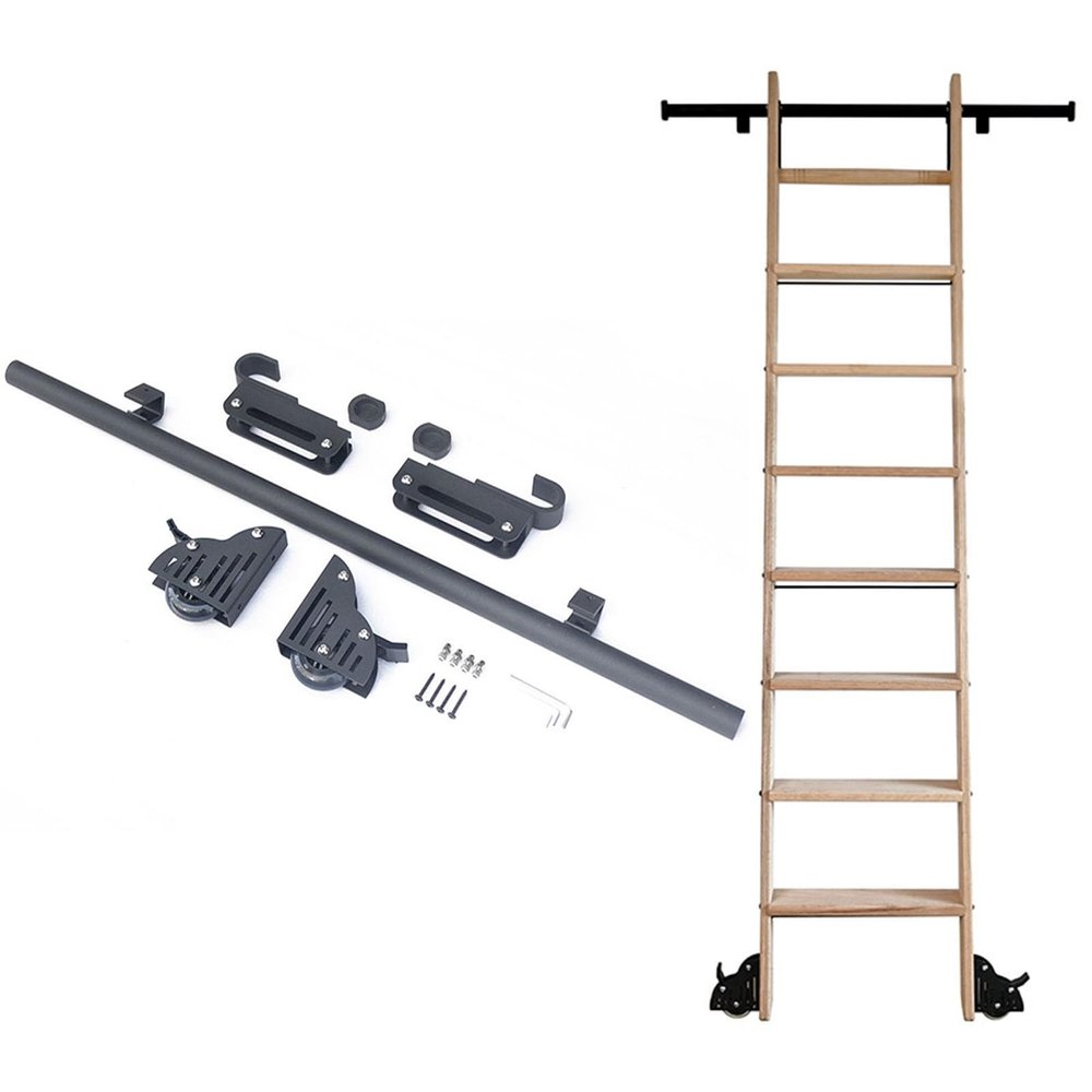 Retractable Rolling Ladder Hardware Kit, Rustic Black Round Rail for Indoor/Attic Use (6 m), Easy-Install Sliding Ladder System, Ladder Not Included