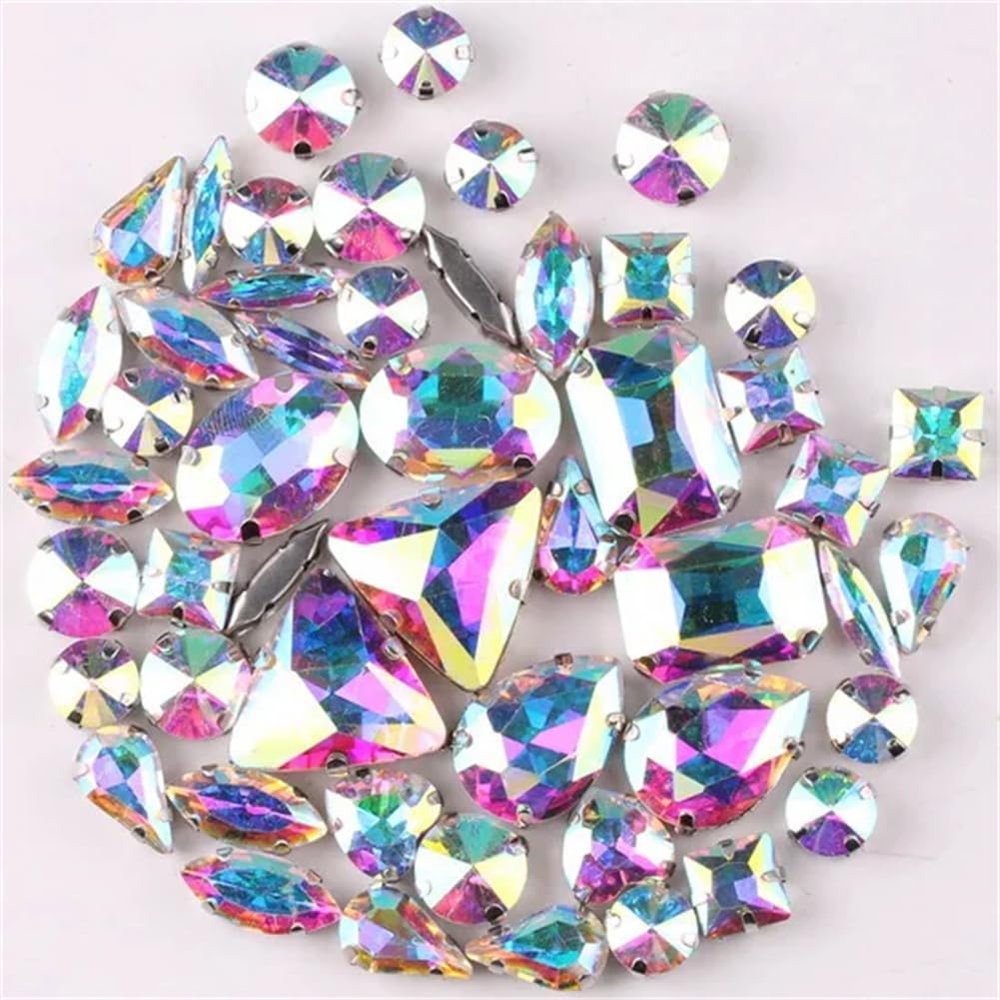 LuminaCreek Sew-On Glass Rhinestones, Silver Prong Setting, 50 pcs, 11 Shapes, Crystal AB