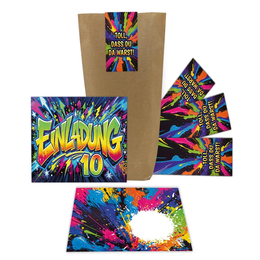 Junaversum 8 Graffiti Invitations for a 10th Birthday with Envelopes, Party Bags & Stickers