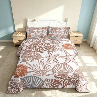 Homewish Ocean-Themed Duvet Cover Set, 220 x 240 cm, Starfish, Shells, Coral & Fish, Brown/Orange/Gray, Microfiber