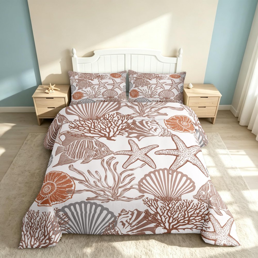 Homewish Ocean-Themed Duvet Cover Set, 220 x 240 cm, Starfish, Shells, Coral & Fish, Brown/Orange/Gray, Microfiber