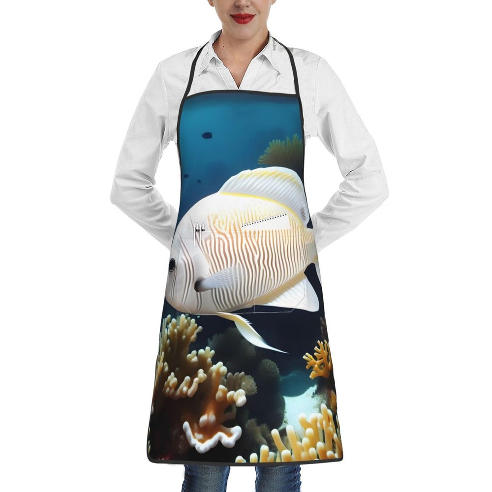 Cooking Apron for Women and Men, 72 x 52 cm, Adjustable Kitchen Apron, White and Gold Fish
