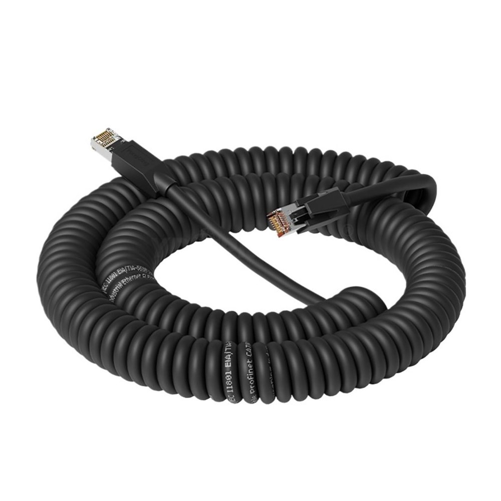 RJ45 to CAT6A Ethernet Computer Coil Cable, 8-Pin, 26 AWG PUR, Flexible Extendable Retractable, Double-Shielded Network Cable (Black, 10 m)