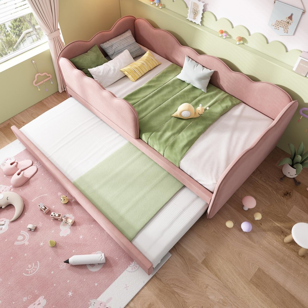 Dolaman Upholstered Kids' Bed 90 x 190 cm with 90 x 190 cm Trundle, Children's Daybed, Guardrail Safety Design, Linen, No Mattress (Pink)