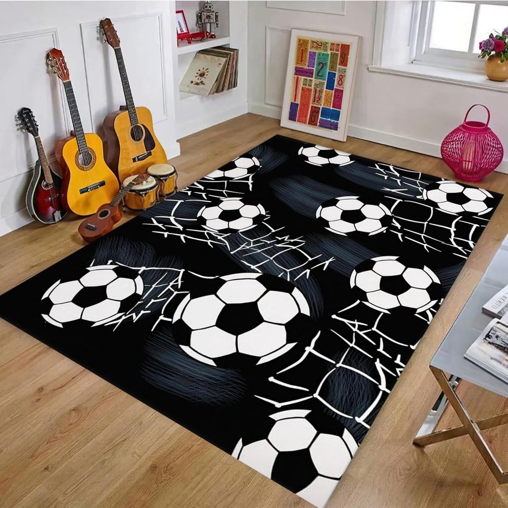 ZLXMN Soccer Rug, 100 x 150 cm, Soft Washable Black Short-Pile Non-Slip Rug