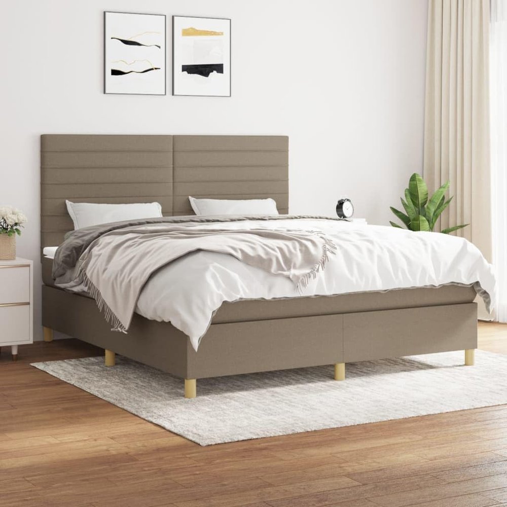 Teenpull 160x200 cm Box Spring Bed Set with Mattress, Taupe Fabric, Adjustable Headboard