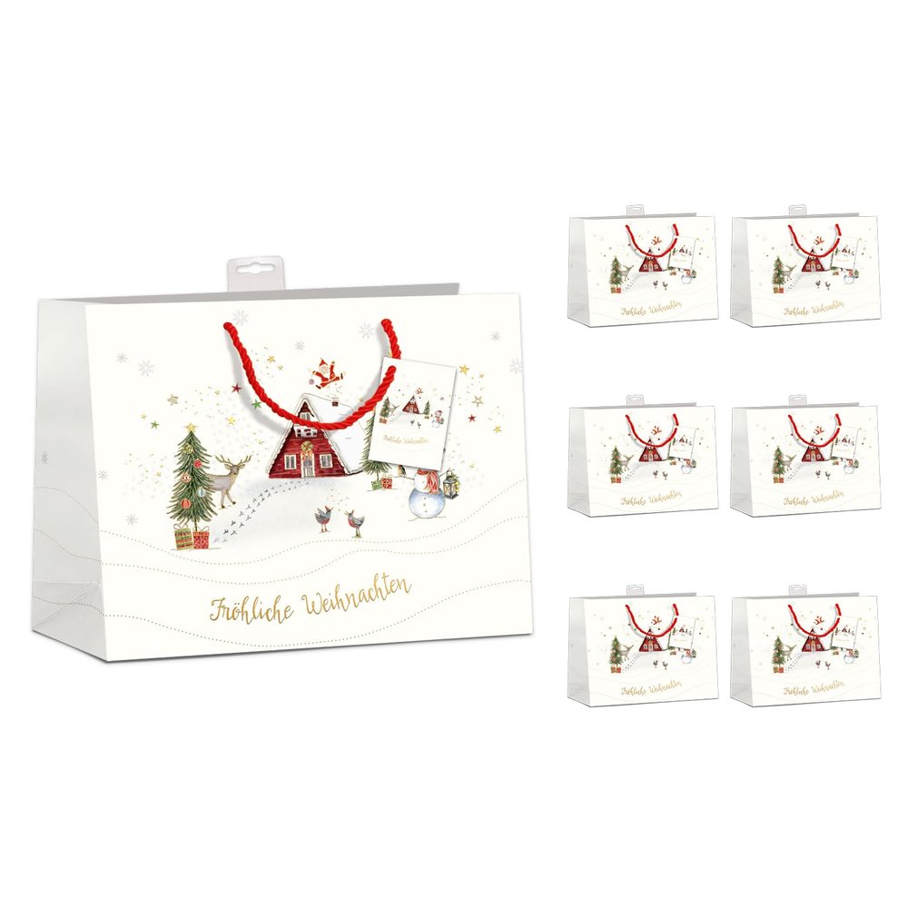 PremiumLine Large Christmas Gift Bags, Landscape Format | Coated & with Gift Tag | Sturdy, Reinforced Base & Rim | FSC Cardboard 210 g/m² | DIN A4 (32 × 26 × 12 cm), 6 Pack