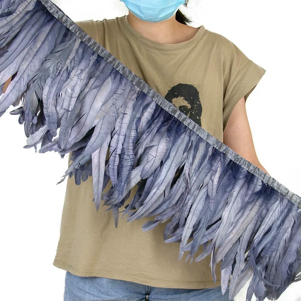 2 m Black Rooster Tail Feather Trim, 10–12 in Pheasant Feather Fringe Band for Dancewear and Carnival Costumes