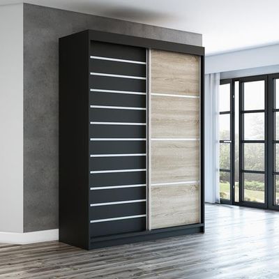 A&J MöbelLand Colin Sliding-Door Wardrobe 160 cm with Mirror, 6 Shelves & 1 Clothes Rail (Black/Black/Sonoma)