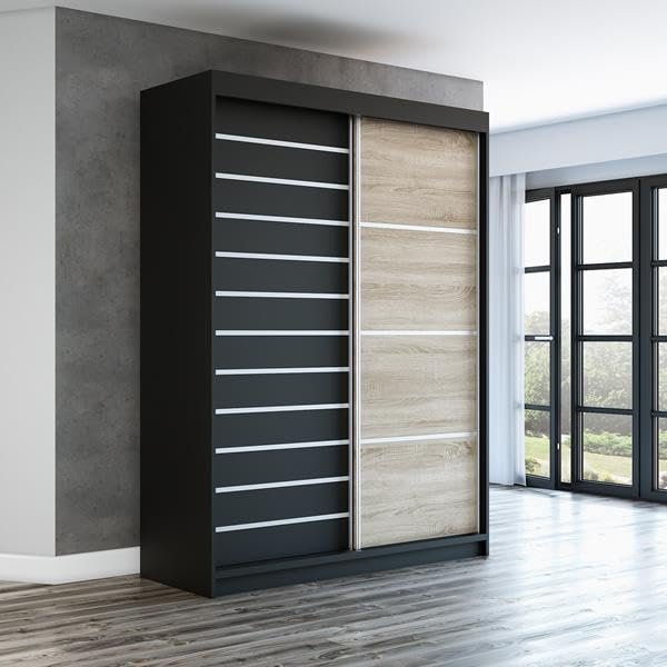 A&J MöbelLand Colin Sliding-Door Wardrobe 160 cm with Mirror, 6 Shelves & 1 Clothes Rail (Black/Black/Sonoma)