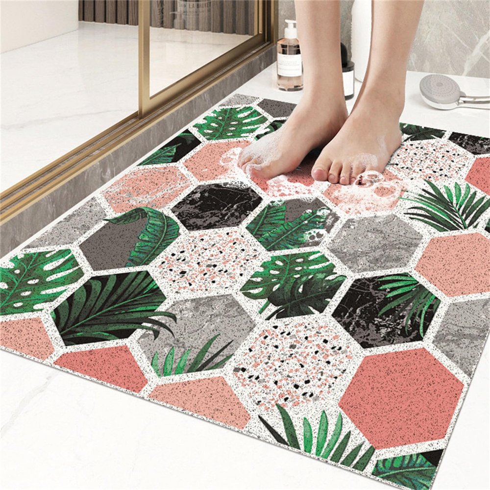 Odot Non-Slip Quick-Dry PVC Loofah Bath Mat, Green Leaves, 75 x 100 cm