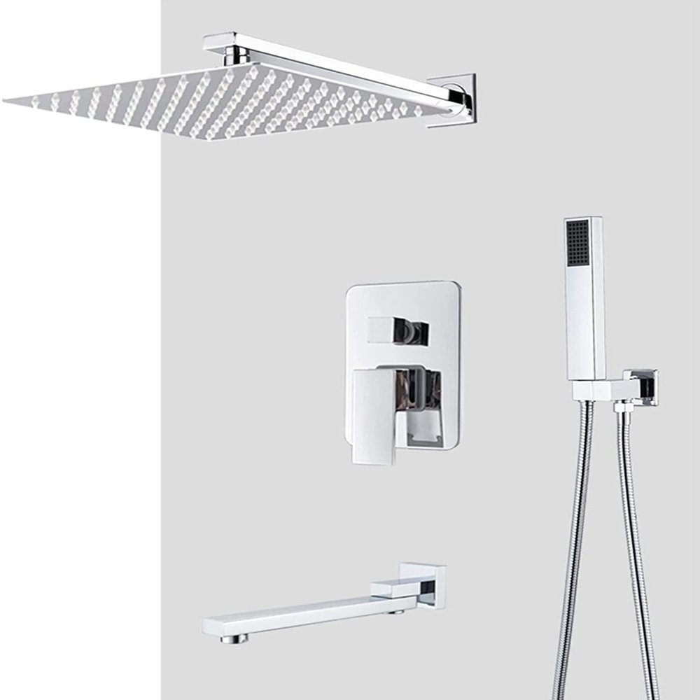 Concealed Shower System Set with Chrome-Plated Brass Shower Mixer, Hand Shower and 10-Inch Rain Showerhead