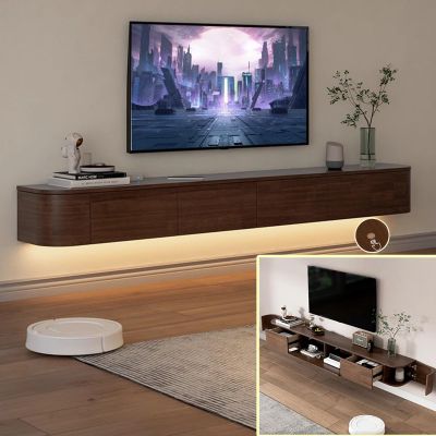 XDXINY Floating TV Media Console, Wall-Mounted TV Cabinet with Drawers, Brown B + LED, 220 x 20 x 30 cm
