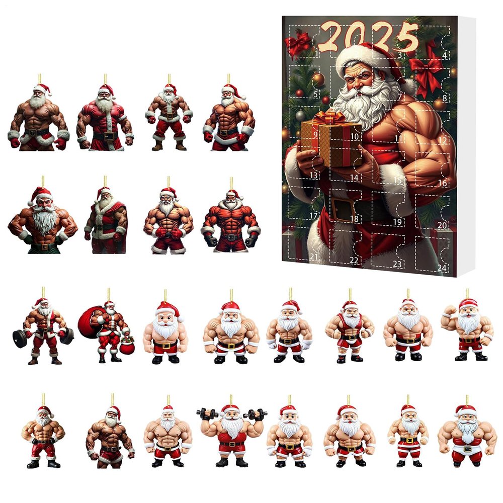 Christmas Calendar 2025, 24-Day 2D Acrylic Bodybuilder Santa Claus Countdown Calendar and Christmas Tree Ornament