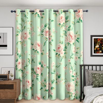zcwl Mint Green Rose Blackout Curtains with Grommets, 2-Piece Set, 300 x 140 cm